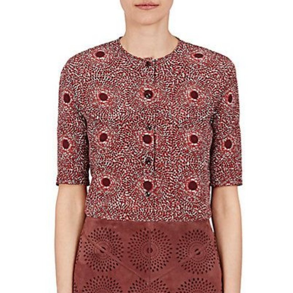 Nina Ricci Short-Sleeve Burgundy Silk Print Blouse